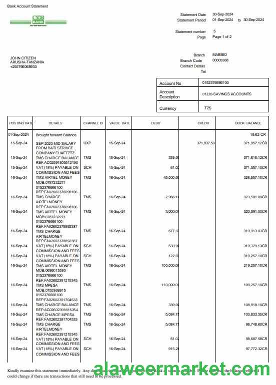 Tanzania CRDB bank statement 3 - 6 months Word and PDF example